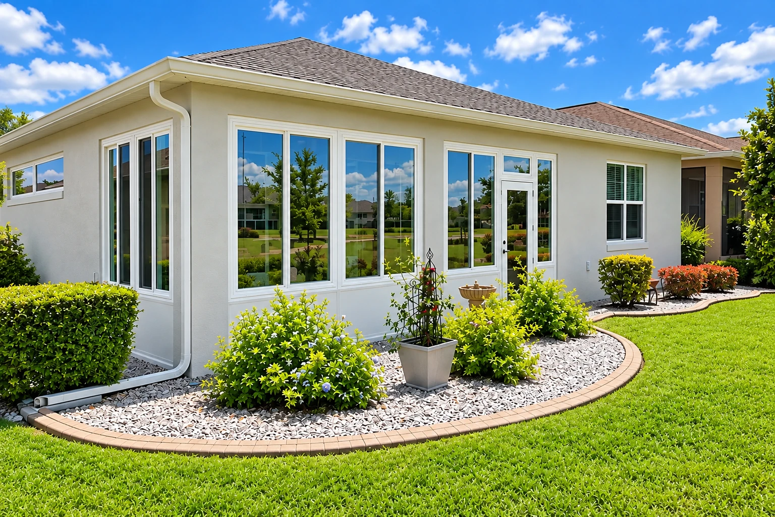 White all-season room with large windows overlooks a landscaped lawn and curved stone garden bed.