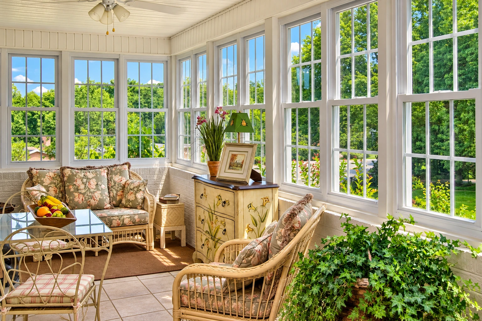 Bright four-season room with white-framed windows, wicker seating, and leafy garden views.