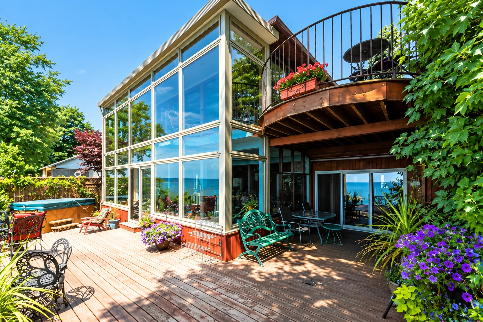 Custom sunroom with a tall grid of glass windows beside a raised wood deck, patio seating, and flowering plants.