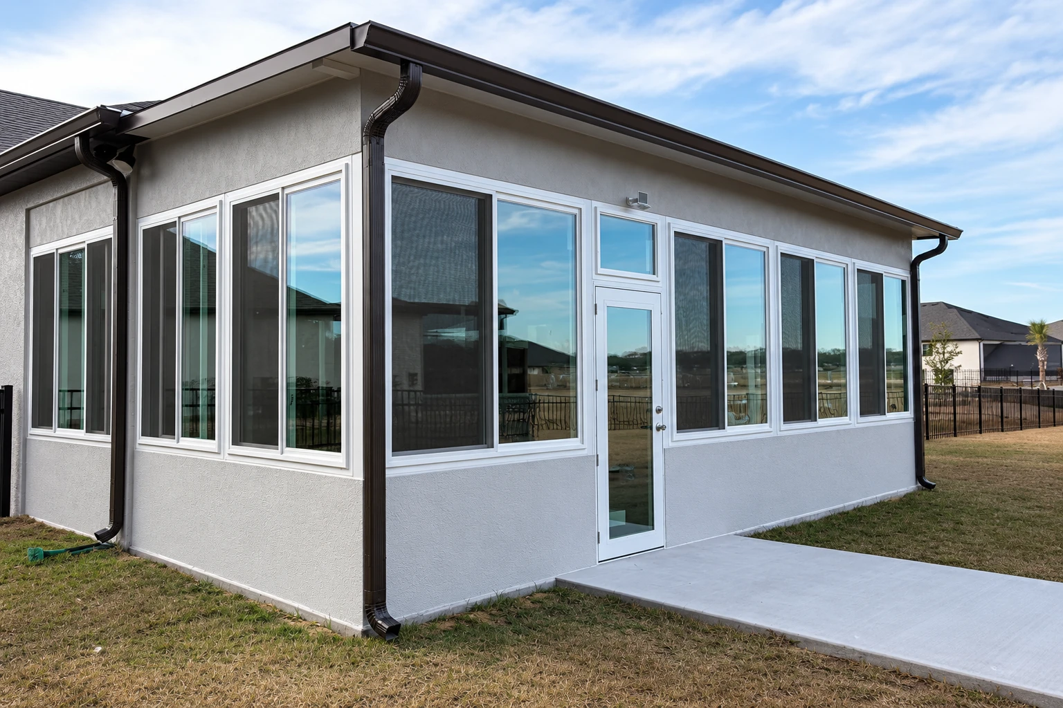 Custom sunroom addition with white-framed windows and a glass door on a gray house exterior.