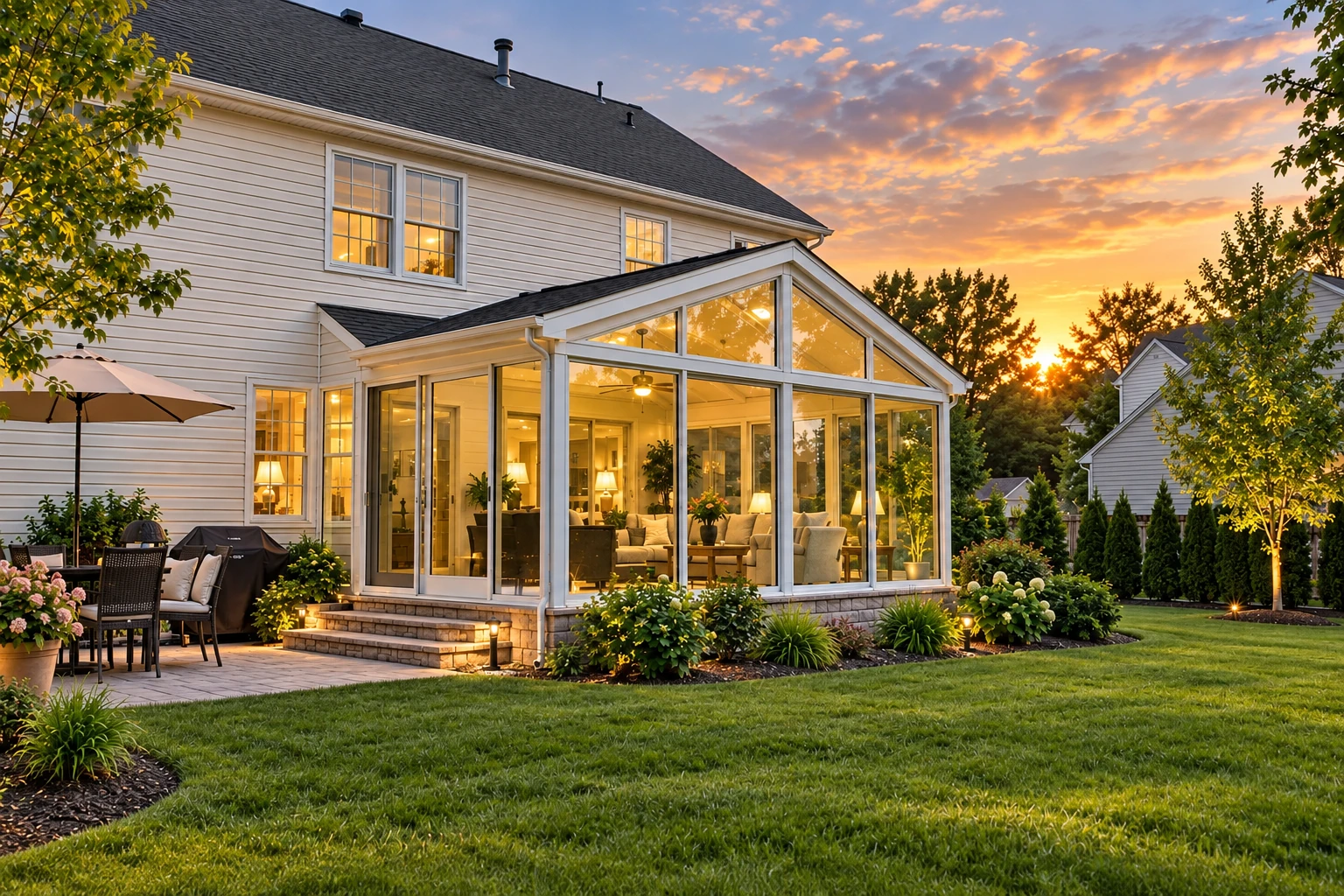 Glass sunroom addition attached to a house, glowing at sunset beside a landscaped patio and lawn.