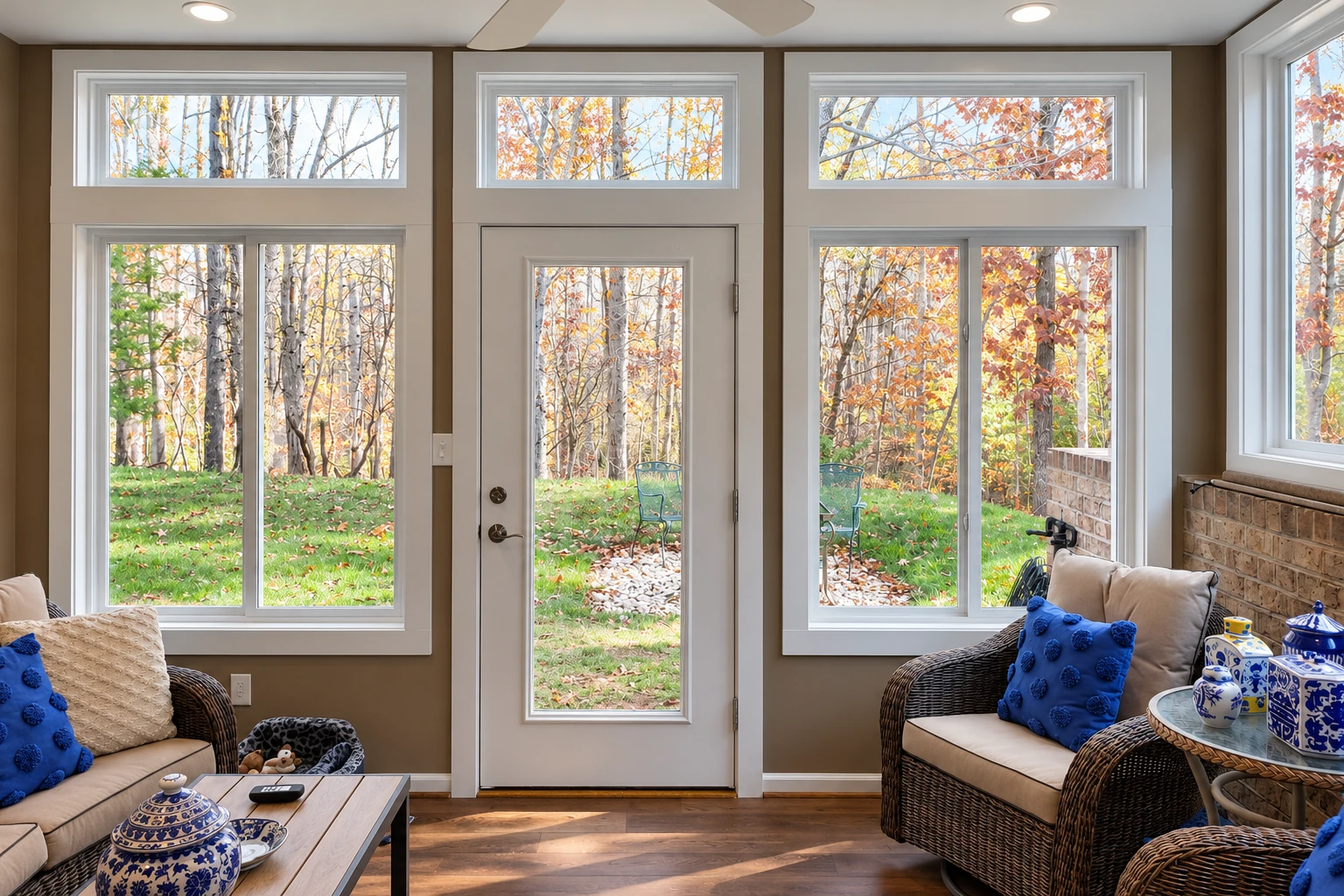 A finished sunroom has large windows and a central glass door overlooking autumn trees, with wicker seating and blue accents.