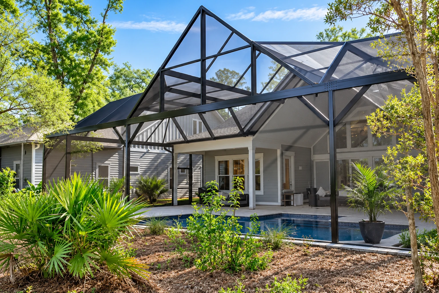 Enclosed patio room with a black metal frame and screened roof surrounds a backyard pool.
