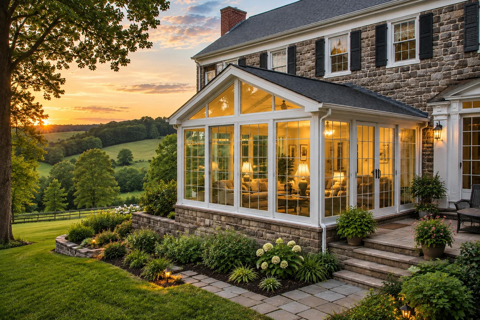 Four-season sunroom with white-framed glass walls attached to a stone house, glowing warmly at sunset beside a landscaped patio.