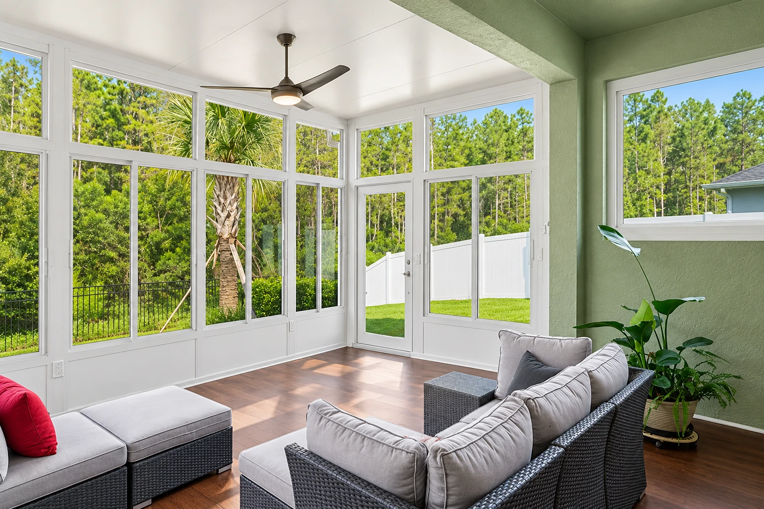 A bright four-season sunroom has white-framed windows, gray wicker seating, a ceiling fan, and views of trees and lawn.