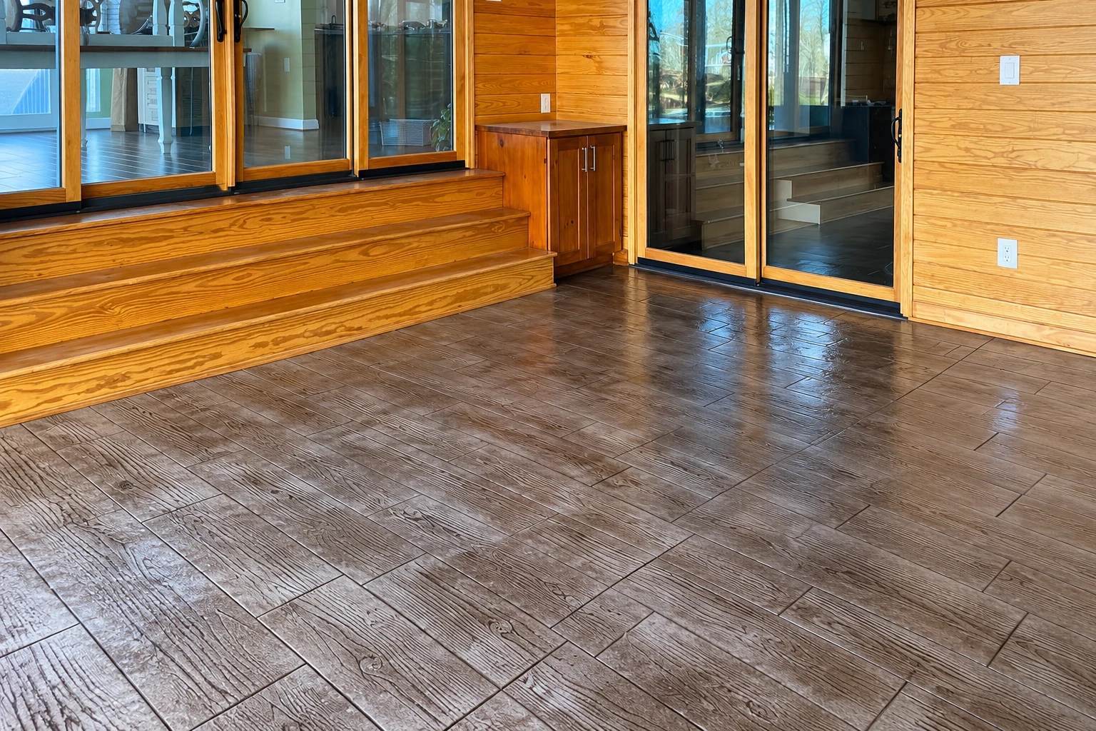 Enclosed patio with a broad brown tile floor, wood-paneled walls, and sliding glass doors.