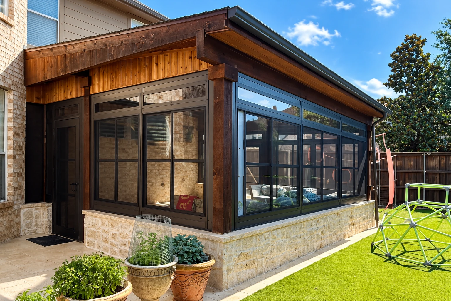 A dark-framed patio enclosure with broad windows sits on a stone base beneath a timber roof beside a sunny lawn.