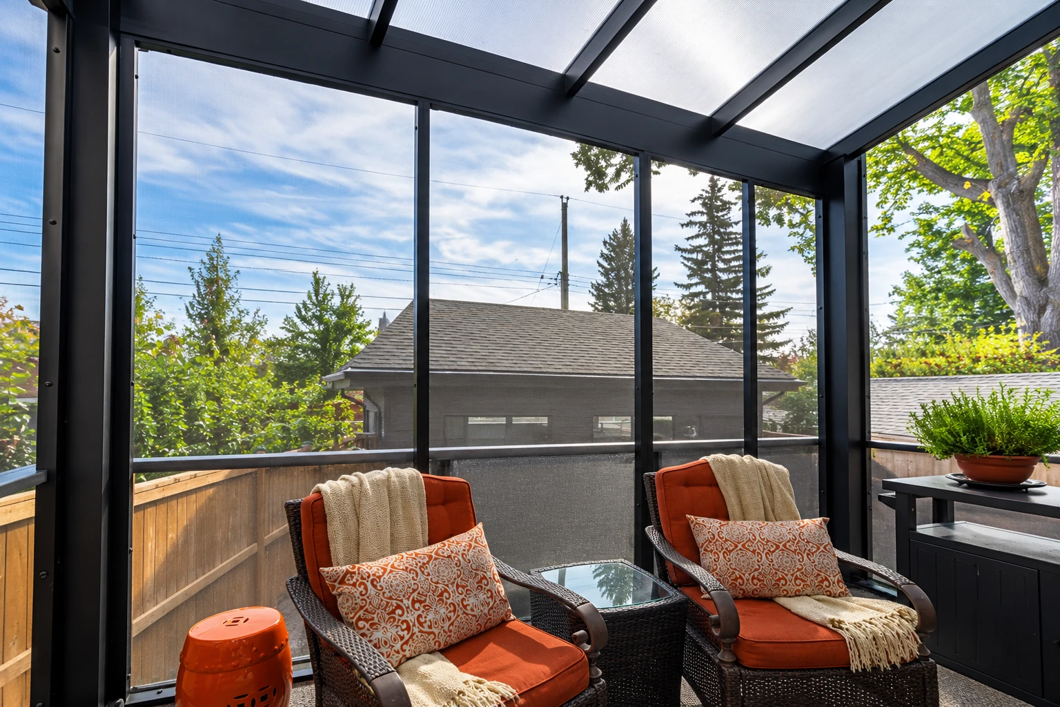 Screen room with a dark frame, mesh panels, and two orange-cushioned chairs overlooking trees and neighboring homes.