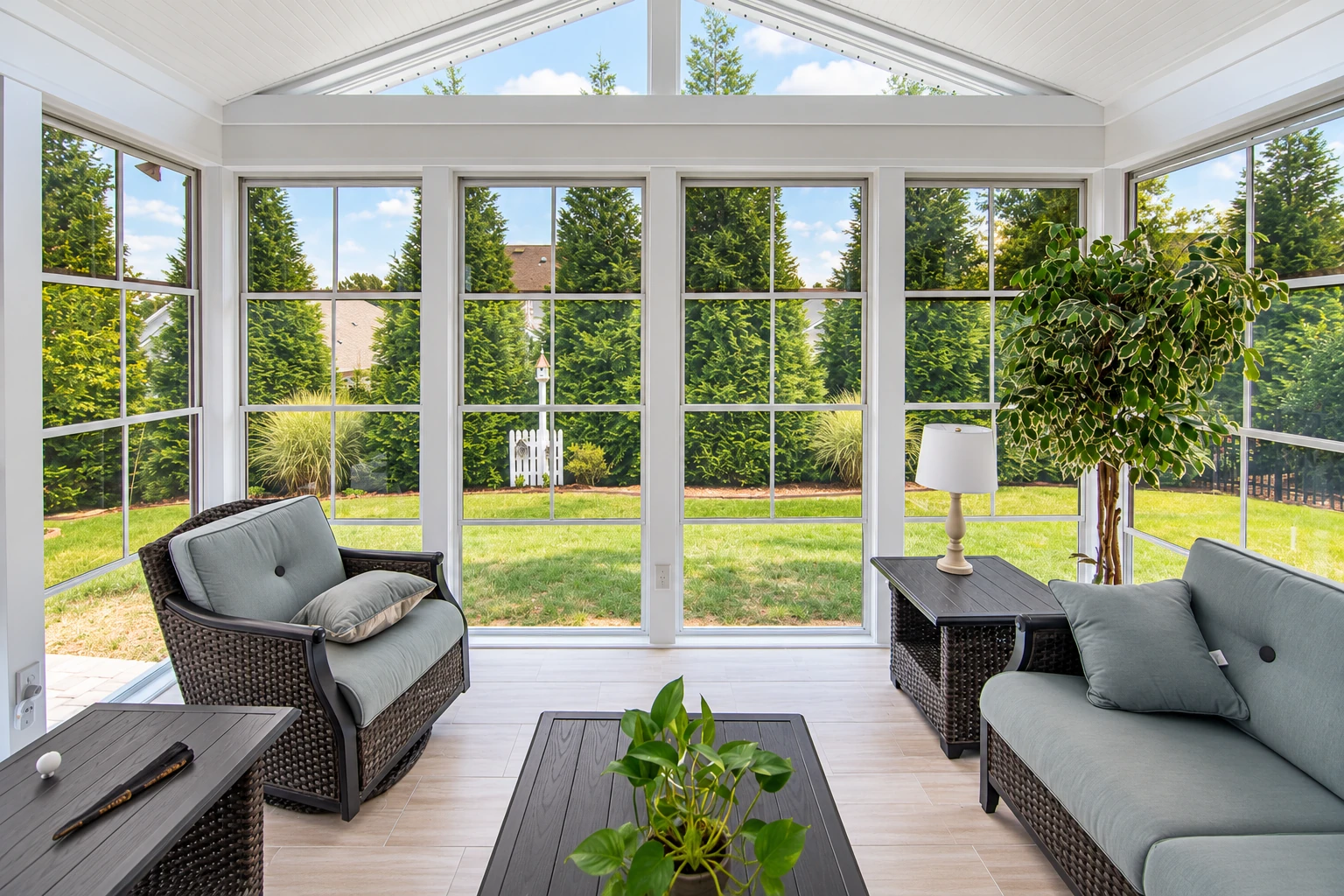 Bright solarium interior with white framing, expansive windows, wicker seating and views of a garden.