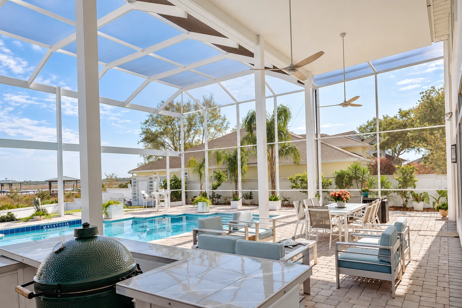 A screened patio enclosure with a white frame surrounds a swimming pool and outdoor dining and lounge areas.