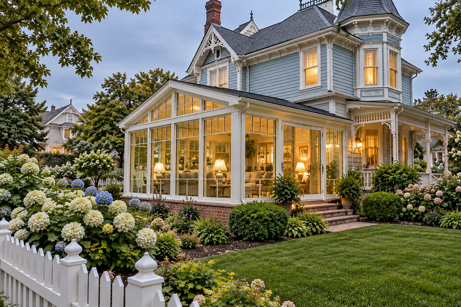 A glass sunroom addition glows on a blue-gray Victorian house, surrounded by flowering shrubs and a white picket fence.