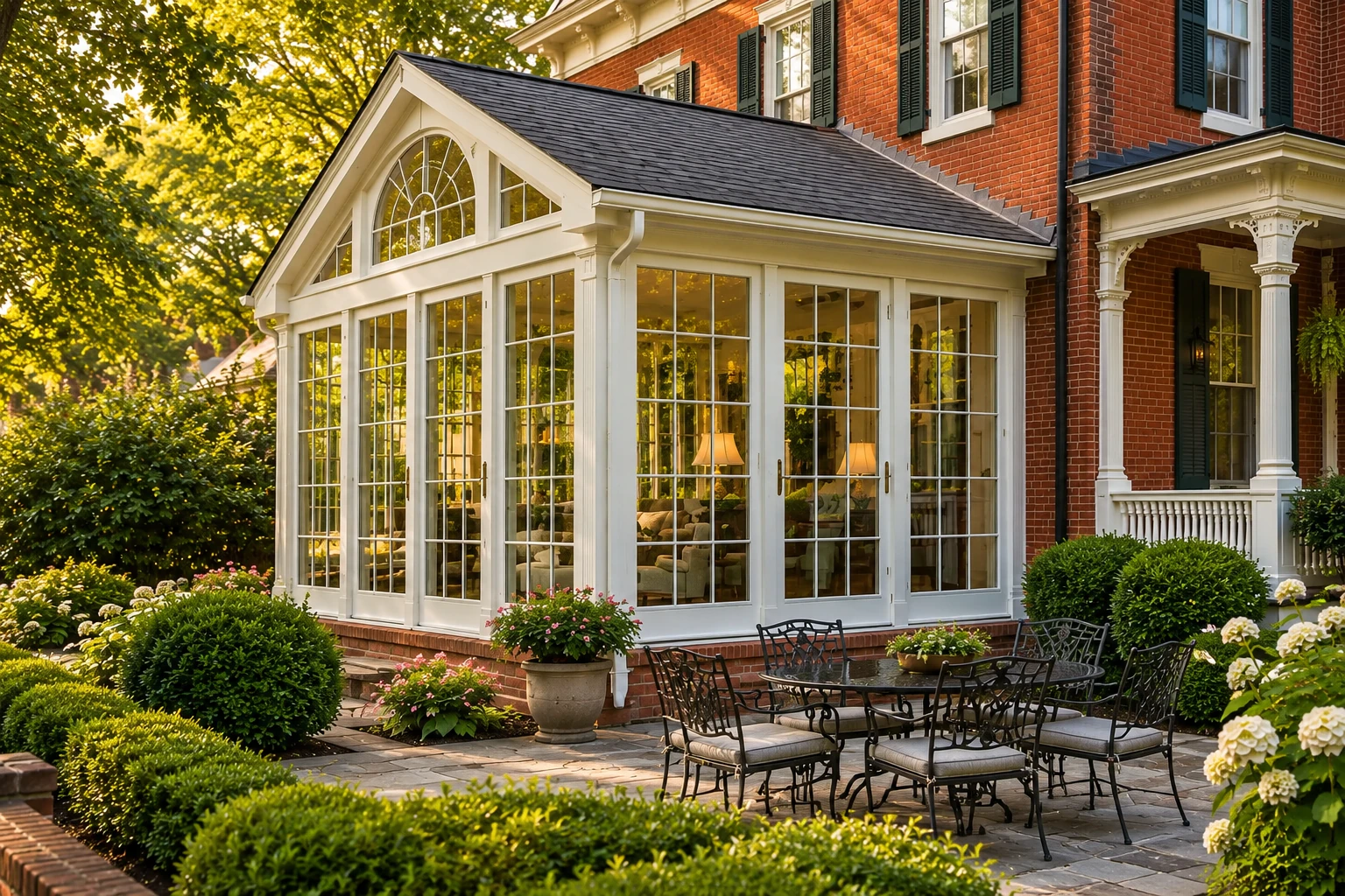 A white-framed sunroom with a peaked roof adjoins a red-brick house, beside a paved patio with outdoor dining furniture.