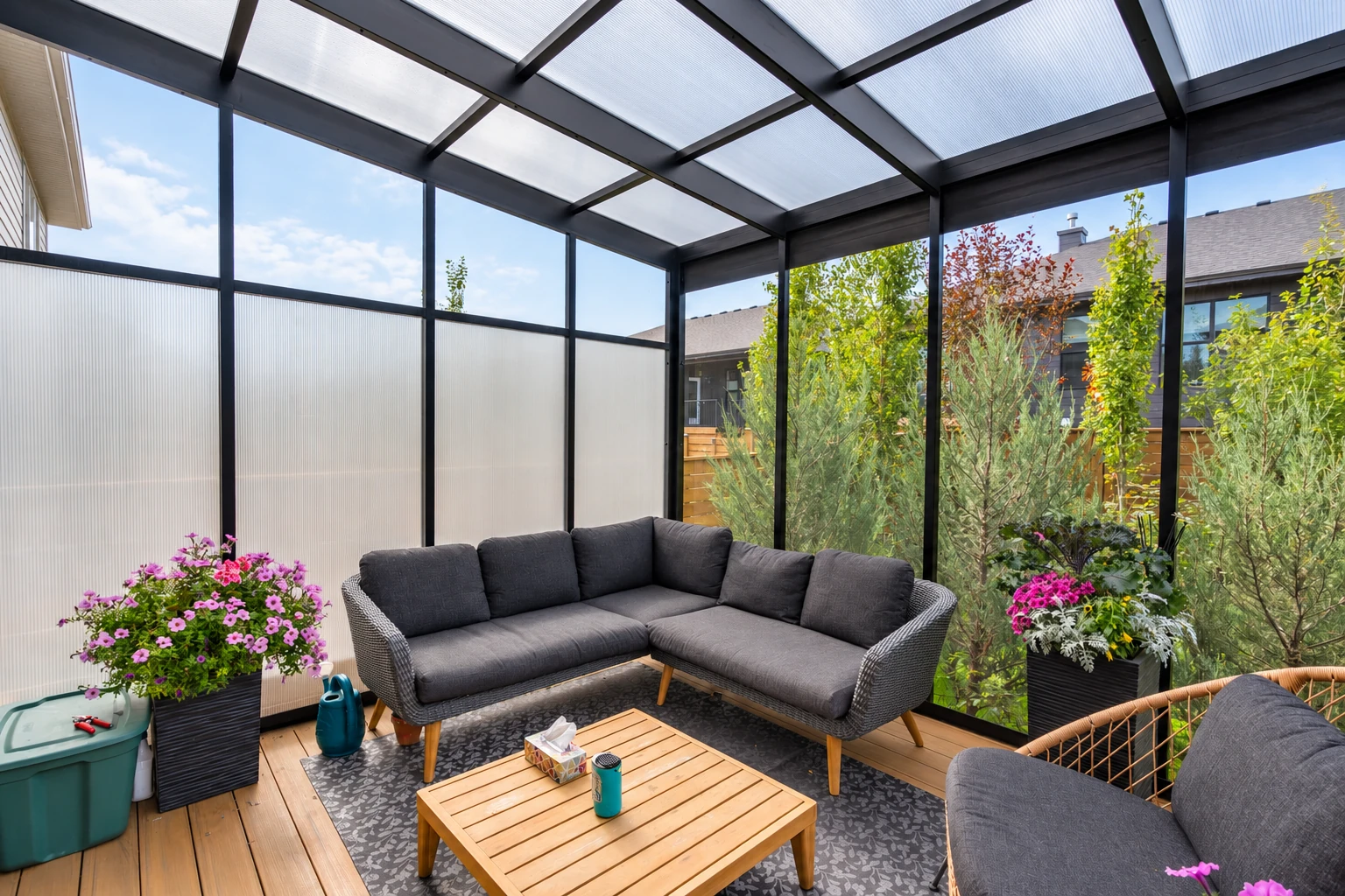 Enclosed sunroom with a dark frame and translucent roof, furnished with a gray sectional and potted flowers.