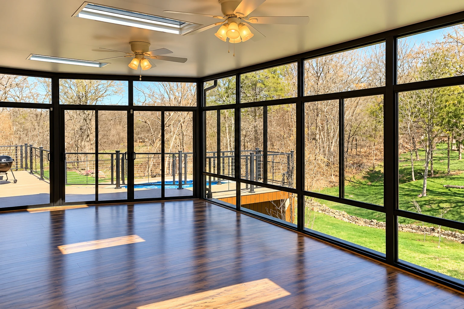 Remodeled sunroom with dark-framed windows, wood flooring, ceiling fans, and views of a yard.