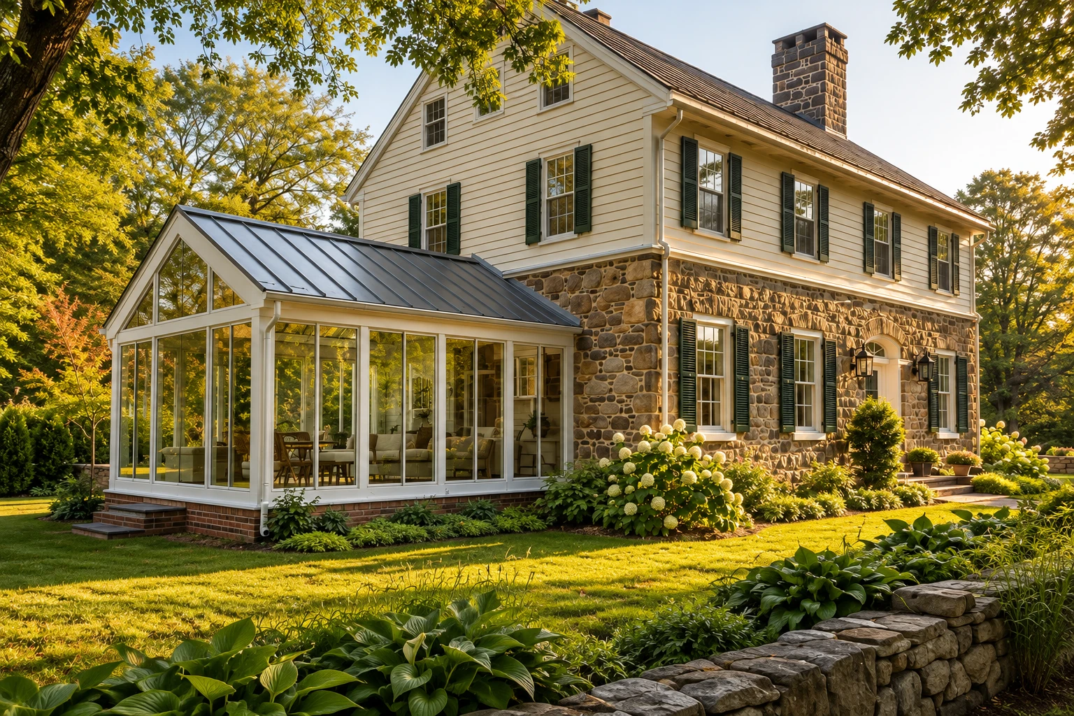 A white-framed glass sunroom extends from a stone-and-siding house, with a dark metal roof and leafy garden.